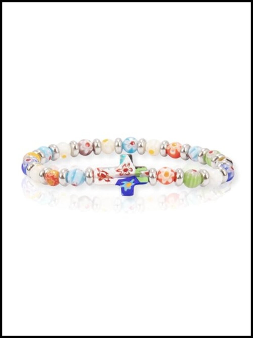 Millefiori Glass Beaded Rosary Bracelet with Cross